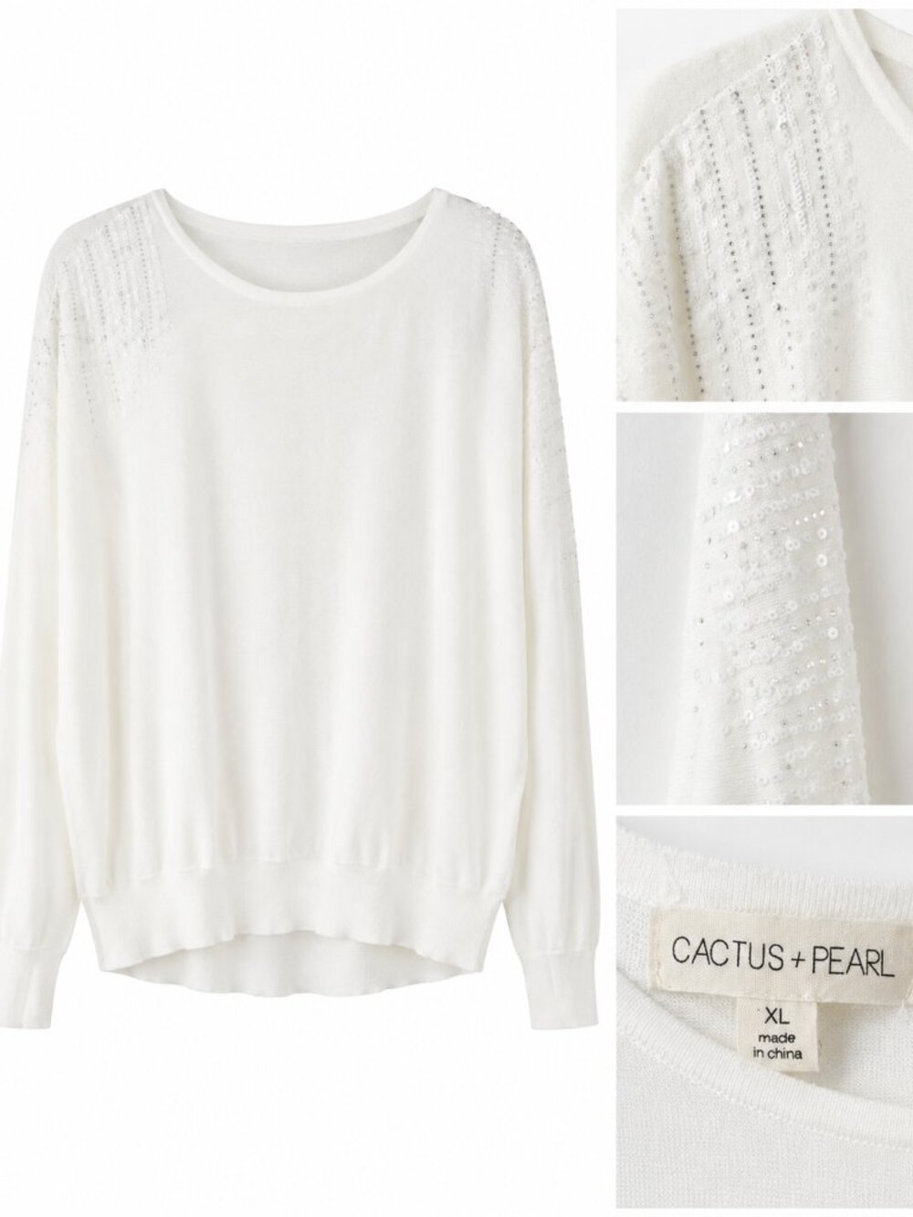 Cactus + Pearl White Sweater with Clear and Silver Sequins XL
